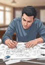 A man is focused on drawing architectural blueprints with a pencil. He wears a blue Royalty Free Stock Photo