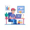 A man is focused on his laptop managing a backup database for big data in a vibrant workspace man