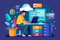 A man is focused on using a computer to handle data backup files in a colorful office setup, man with computer backup database big Royalty Free Stock Photo