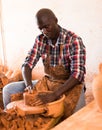 Man focused on work on pottery wheel