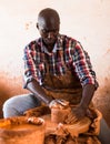 Man focused on work on pottery wheel