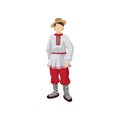 Man in folk Romanian costume shirt with traditional ornament on collar, red pants, straw hat and bast shoes. Flat vector Royalty Free Stock Photo