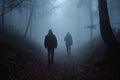 Man follows woman in dark foggy forest. Generative AI. Royalty Free Stock Photo