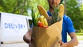 Man from food delivery holding full bag of fresh goods, online store service
