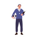 Man football teacher soccer coacher cartoon character holding ball and clipboard isolated on white Royalty Free Stock Photo