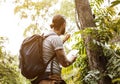 Man in forest alone for trekking Royalty Free Stock Photo
