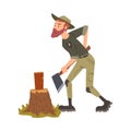 Man Forest Ranger Chopping Wood with Axe, National Park Service Employee Character Working in Forest Cartoon Style