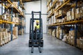 Warehouse man worker with forklift. Royalty Free Stock Photo