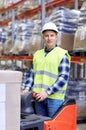 Man on forklift loading boxes at warehouse