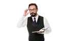 Man formal clothes hold notepad white explain business topic. Business school concept. Expert eyeglasses smart teacher