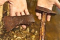 Exploring of river with magnet on rope and finding of hammer and axe