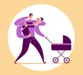 Man with four arms carries baby, stroller, bag with food products and talks on phone. Concept of multifunctional or