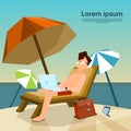 Man Freelance Remote Working Place On Sunbed Using Laptop Beach Royalty Free Stock Photo