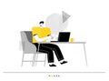 Man freelancer sits in the chair and working on a laptop. Business concept of office and productive work