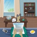Man Freelancer work at home on laptop. Vector Illustration Royalty Free Stock Photo