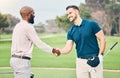 Man, friends and handshake on golf course for sports, partnership or trust on grass field together. Happy sporty men Royalty Free Stock Photo