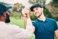 Man, friends and shaking hands on golf course for sports, partnership or trust on grass field together. Happy sporty men Royalty Free Stock Photo