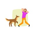 Man frightened by dog, guy suffering from cynophobia, human fear concept vector Illustration on a white background Royalty Free Stock Photo
