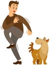 Man frightened by dog suffers from cynophobia, human fear concept. Person looking scared at animal