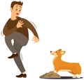 Man frightened by dog suffers from cynophobia, human fear concept. Person looking scared at animal