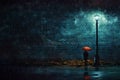 Man in front of brick wall at night with umbrella on a rainy day illuminated by a street lamp. Royalty Free Stock Photo