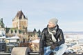 Men in front of Chateau Frontenac in Quebec city Royalty Free Stock Photo