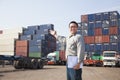 Man in front of container truck Royalty Free Stock Photo