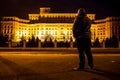 Man in front of Palace of Parliament, Bucharest, Romania Royalty Free Stock Photo