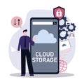 Man in front of phone propose uploading files to cloud storage. Hosting stage service. Data storage and processing Royalty Free Stock Photo