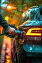 A man is fueling his car at a gas station at night. The image shows him holding the pump and filling the tank Royalty Free Stock Photo