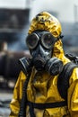 man in full protective suit wearing gas mask