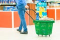 Man with full shopping cart in supermarket. Shopping concept. Selective focus