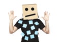 A man with a funny box on his head surrenders to business problems