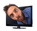 Man with funny expression jumping out of the TV, 3d effect Royalty Free Stock Photo