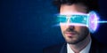 Man from future with high tech smartphone glasses Royalty Free Stock Photo