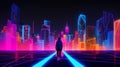 Man in future and modern skyscrapers. Concept of metaverse, virtual reality gaming, time traveling, cyber world or futuristic
