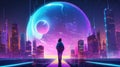 Man in the future and sphere of modern skyscrapers. Concept of metaverse, virtual reality gaming, time traveling, cyber world or