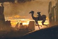 Man on futuristic camel running in apocalypse city