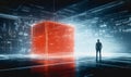 Man in futuristic city with glowing red cube, digital lights, high-tech, sci-fi atmosphere Royalty Free Stock Photo