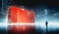 Man in futuristic city with glowing red cube, digital lights, high-tech, sci-fi atmosphere Royalty Free Stock Photo