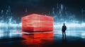 Man in futuristic city with glowing red cube, digital lights, high-tech, sci-fi atmosphere Royalty Free Stock Photo