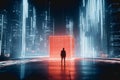 Man in futuristic city with glowing red cube, digital lights, high-tech, sci-fi atmosphere Royalty Free Stock Photo