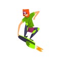 Man in futuristic clothing flying with jet skateboard, technology of the future vector Illustration on a white