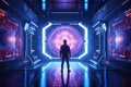 Man in futuristic interior with glowing HUD interface. Future concept. 3D Rendering, Futuristic spaceship interior with glowing