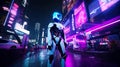 A man in a futuristic suit standing on a city street. AI generative image Royalty Free Stock Photo