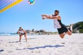 Man, game and playing volleyball on beach in sports, match or score point in outdoor fitness or exercise. Active male Royalty Free Stock Photo