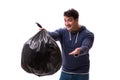 The man with garbage sack isolated on white Royalty Free Stock Photo