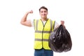 The man with garbage sack isolated on white Royalty Free Stock Photo