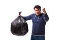 The man with garbage sack isolated on white Royalty Free Stock Photo