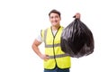 The man with garbage sack isolated on white Royalty Free Stock Photo